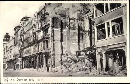 Ak Oostende Ostende Westflandern, Zeedijk 1940, Zerstörungen