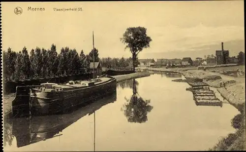 Ak Meenen Menen Lys Westflandern, Vlasijverheid, Flusspartie mit Schiff