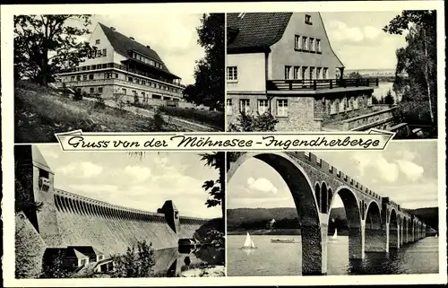 Ak Möhnesee im Kreis Soest Nordrhein Westfalen, Jugendherberge DJH, Talsperre, Brücke
