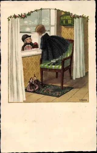 Künstler Ak Ebner, Pauli, Junge mit Blumenstrauß am Fenster, Mädchen, Puppen