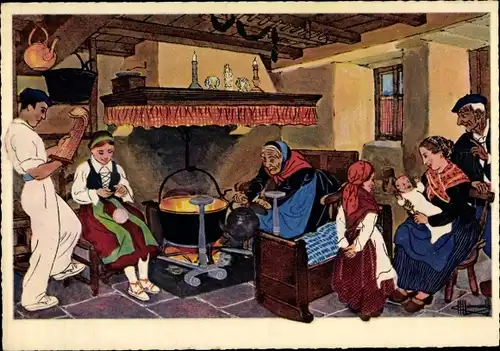 Künstler Ak Homualk, C., Le Pays Basque, Interieur de Ferme, Familie, Bauernstube, Kessel