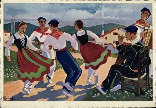 Künstler Ak Homualk, C., Le Pays Basque, Danseurs de Beghiras en Costume aux Couleurs Nationales