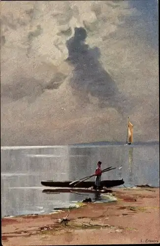 Künstler Ak Romin, G., Mann mit Paddeln und Ruderboot am Strand