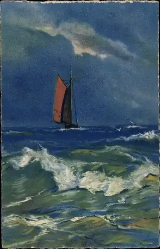 Künstler Ak Romin, G., Brandung, Segelboot