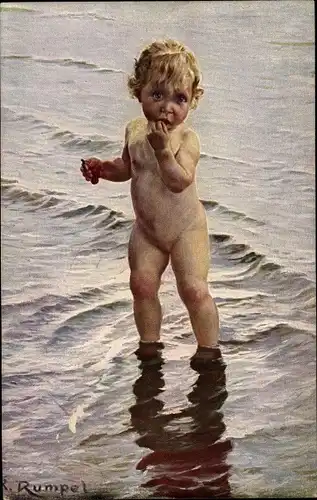 Künstler Ak Rumpel, Karl, Ein Schritt ins Ungewisse, Kind am Ufer