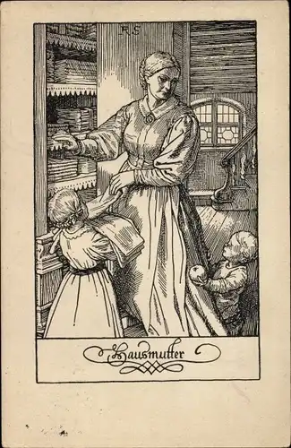 Künstler Ak Schaefer, Rud., Hausmutter, Mutter mit Kindern am Wäscheschrank