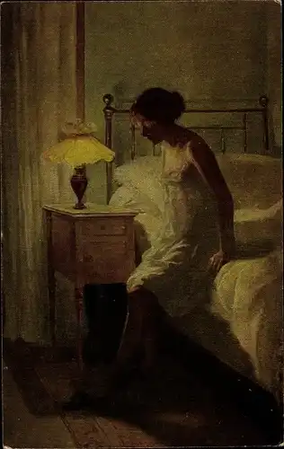 Künstler Ak Rieder, M., Das Erwachen, Frau im Nachthemd auf dem Bett