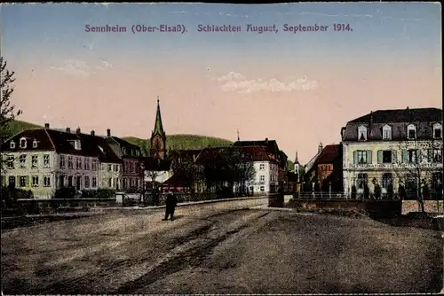 Ak Cernay Sennheim Elsass Haut Rhin, Schlachten August September 1914, Marktplatz, Kirche