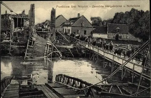 Ak Pontoise lès Noyon Oise, Zerstörte Hängebrücke und Notbrücke