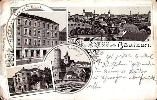 Litho Bautzen in der Oberlausitz, Jatzkes Gasthaus, Wasserturm, Theater