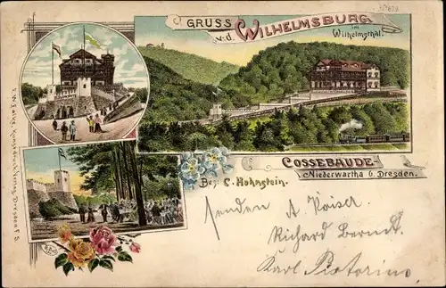 Litho Dresden West Cossebaude Niederwartha, Hotel Wilhelmsburg im Wilhelmsthal