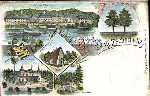 Litho Dresden Leuben Großzschachwitz, Schloss Pillnitz, Zedern, Kurhaus, Gartenpavillon