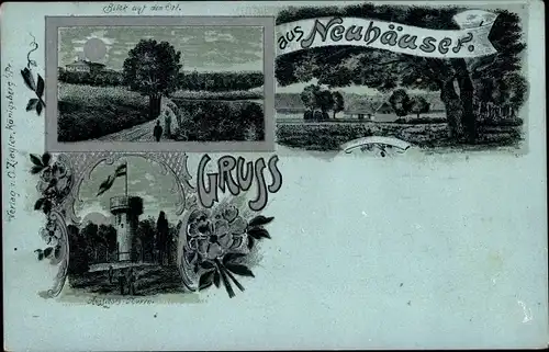 Mondschein Litho Metschnikowo Neuhäuser Baltijsk Pillau Ostpreußen, Aussichtsturm, Ortsansicht