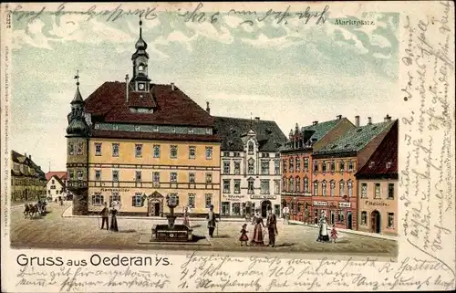 Litho Oederan Sachsen, Marktplatz, Ratskeller, Friseur Fr. Krumpe, Geschäfte