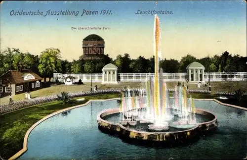 Ak Poznań Posen, Ostdeutsche Ausstellung 1911, Leuchtfontaine, oberschlesischer Turm