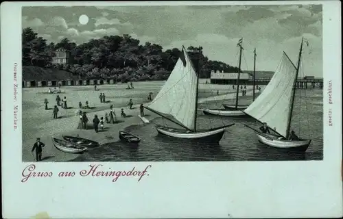 Mondschein Litho Heringsdorf Usedom, Segelboote am Strand, Zieher