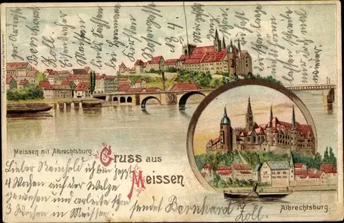 Litho Meißen an der Elbe, Albrechtsburg, Blick auf den Ort