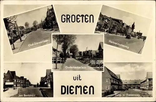 Ak Diemen Nordholland, Oud Diemerlaan, Ouderkerkerlaan, Hartveldscheweg, Jan Bertstraat