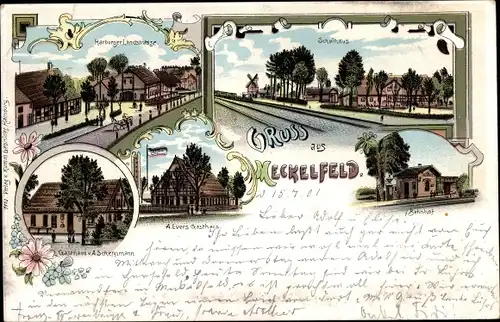 Litho Meckelfeld Seevetal Niedersachsen, Harburger Landstraße, Gasthäuser, Schulhaus, Bahnhof