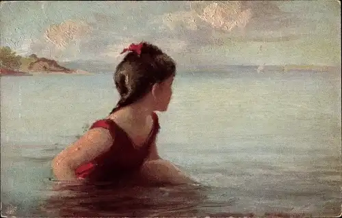 Künstler Ak Seeger, D., Strandnixe, Mädchen im Badeanzug im Wasser, Primus 3094