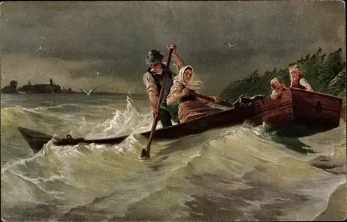 Künstler Ak Raupp, Carl, Gewitterwolken, Familie im Boot auf stürmischer See