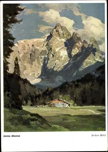 Künstler Ak Maurus H., Salzburg Österreich, Hoher Göll, Hütte im Gebirge