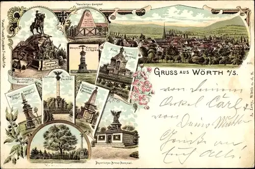 Litho Wœrth Wörth an der Sauer Elsass Bas Rhin, Hessisches Denkmal, Kaiser Friedrich Denkmal