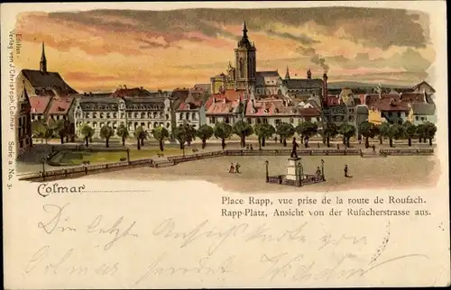 Litho Colmar Kolmar Elsass Haut Rhin, Place Rapp, vue prise de la route de Roufach