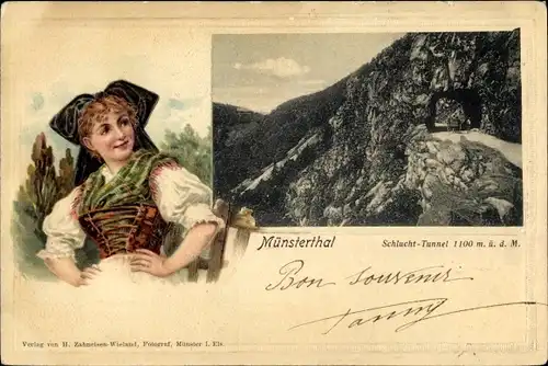 Präge Passepartout Ak Col de la Schlucht Vosges, Schlucht Tunnel; Frau in Elsässer Tracht