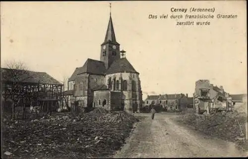 Ak Villers Cernay Ardennes, Kriegszerstörungen, Kirche, Straße