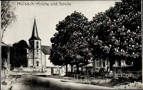 Ak Mulsach Moselle, Kirche und Schule, Straßenpartie