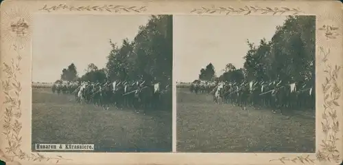 Stereo Kabinettfoto Husaren & Kürassiere zu Pferd, deutsche Soldaten im Kaiserreich