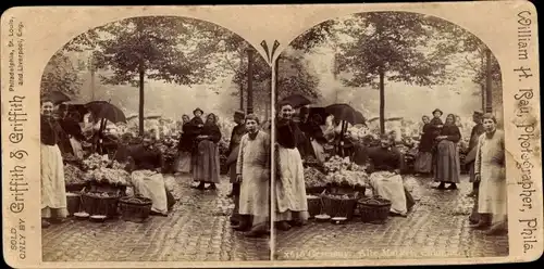 Stereo Foto Köln am Rhein, um 1870, Alter Markt, Marktstände, Verkäuferinnen