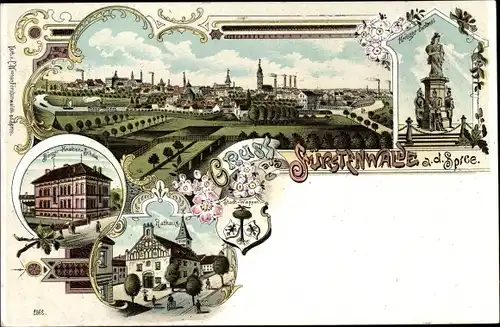 Litho Fürstenwalde an der Spree, Panorama, Knabenschule, Rathaus, Kriegerdenkmal, Wappen