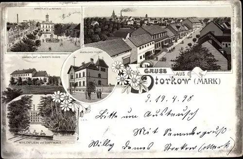 Litho Storkow in der Mark, Marktplatz, Rathaus, Postamt, Mühlenfließ, Dampfmühle