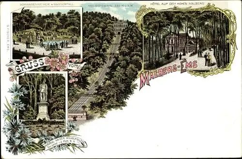 Litho Bad Ems an der Lahn, Malberg, Malbergbahn, Hotel, Schwanenweiher, Denkmal Kaiser Wilhelm