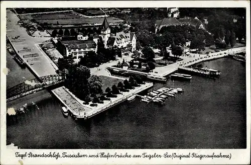 Ak Berlin Reinickendorf Tegel, Strandschloss, Tusculum, Hafenbrücke, Tegeler See, Luftbild