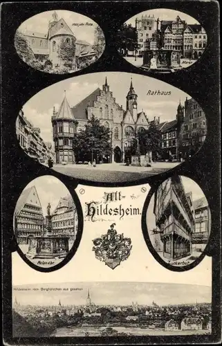 Ak Hildesheim in Niedersachsen, Panorama, Rathaus, Zuckerhut, Rolandbrunnen