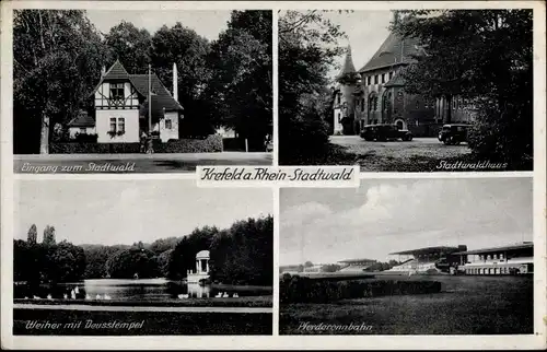 Ak Krefeld am Niederrhein, Stadtwald, Eingang, Weiher mit Deusstempel, Pferderennbahn