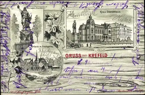 Litho Krefeld am Niederrhein, Kreis-Strändehaus, Kriegerdenkmal, Kurhaus, Stadtgarten