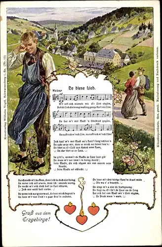 Lied Ak De biese Lieb, Wilhelm Vogel, Erzgebirge, Liebespaar, weinender Mann