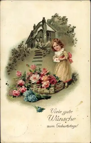 Litho Glückwunsch Geburtstag, Mädchen mit Brief, Blumenkorb, Rosen