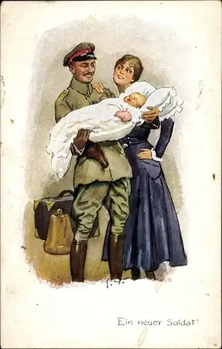 Künstler Ak Ein neuer Soldat, Soldat mit Frau und Baby