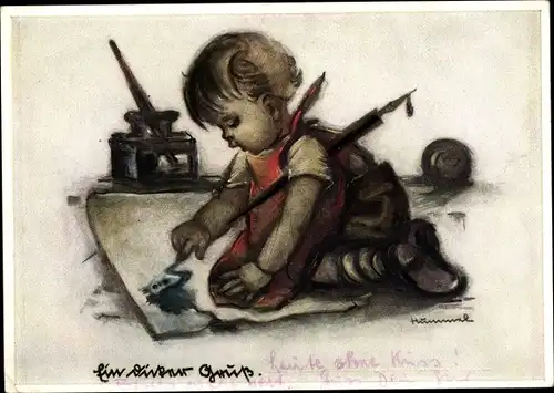 Künstler Ak Hummel, Berta, Ein dicker Gruß, Kind, Tintenfass, Nr 5202