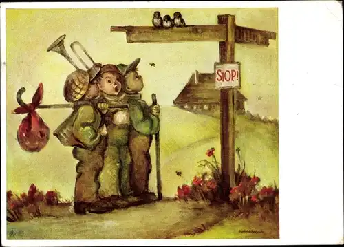 Künstler Ak Hummel, Berta, Jungen, Wegweiser, Nr 5551