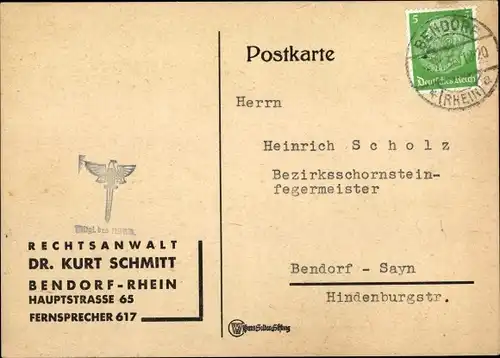 Ak Bendorf in Rheinland Pfalz, Rechtsanwalt Dr. Kurt Schmitt, Hauptstraße 65