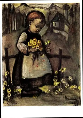 Künstler Ak Hummel, Berta, Nr. 5334, Mädchen pflückt Blumen