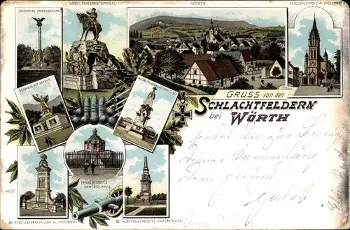 Litho Wœrth Wörth an der Sauer Elsass Bas Rhin, Gruß von den Schlachtfeldern, Denkmäler