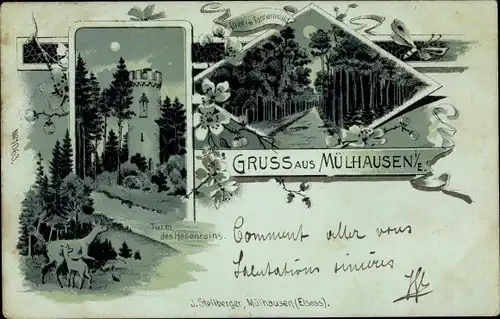 Mondschein Litho Mulhouse Mülhausen Elsass Haut Rhin, Allee im Tannenwald, Turm im Hasenrain