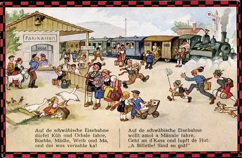 Lied Künstler Ak Boettcher, Hans, Auf de schwäbische Eisebahne, Bahnhof, Schwaben, Dampflok
